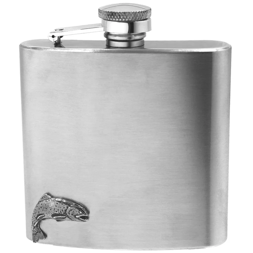 6oz Stainless Steel Hip Flask With Pewter Fishing Trout Emblem