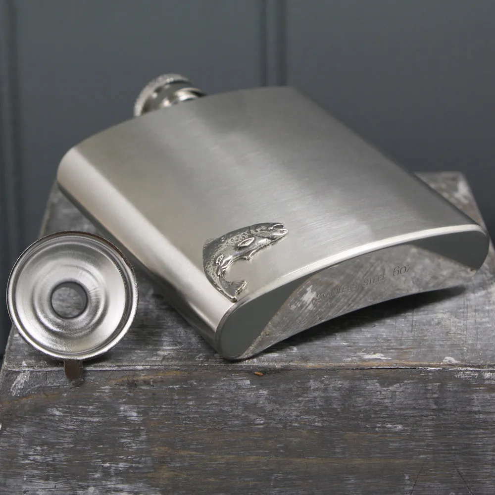 6oz Stainless Steel Hip Flask With Pewter Fishing Trout Emblem