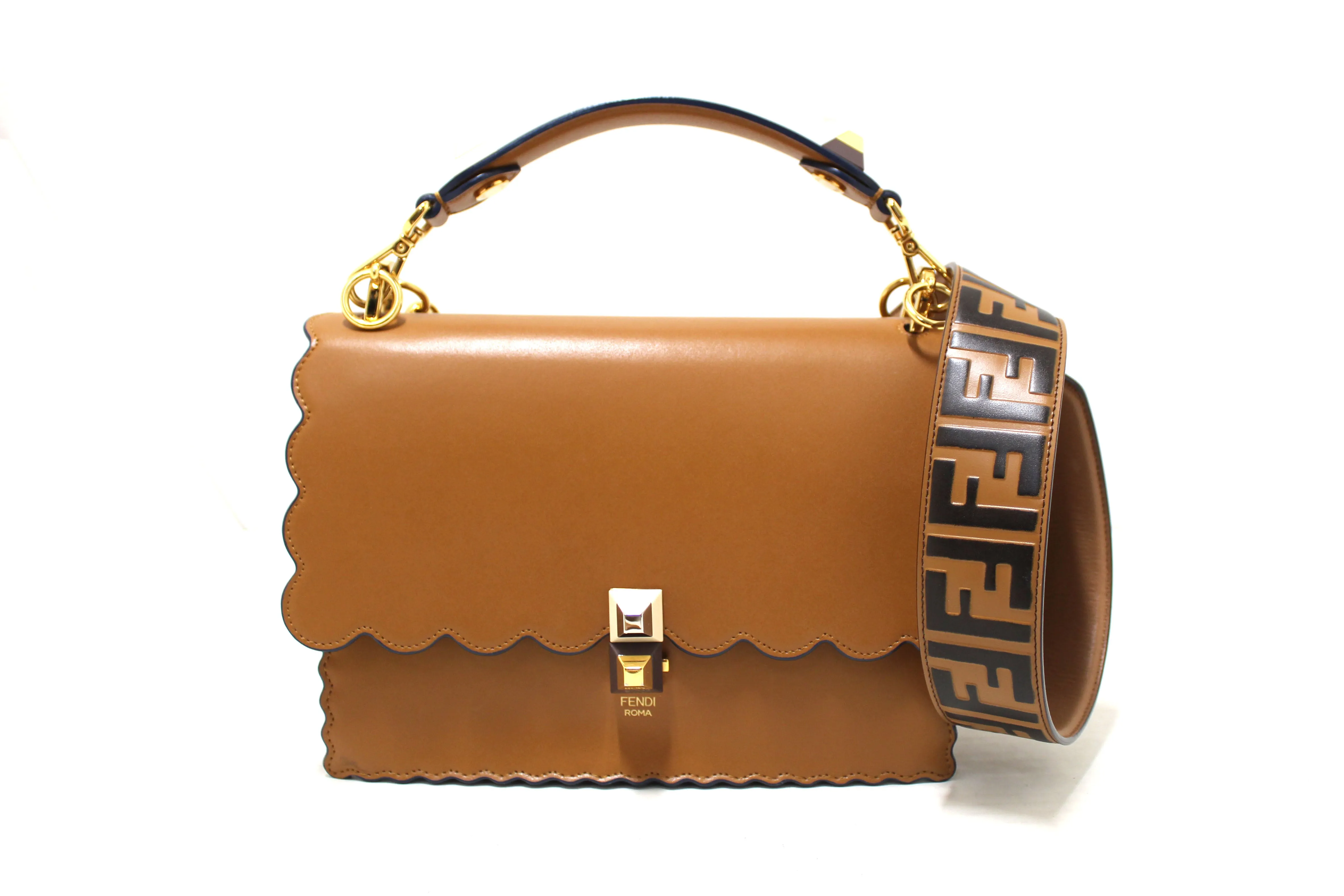 Authentic Fendi Brown Scallop Leather Mini I Kan Chain Shoulder Bag with Extra Fendi Strap