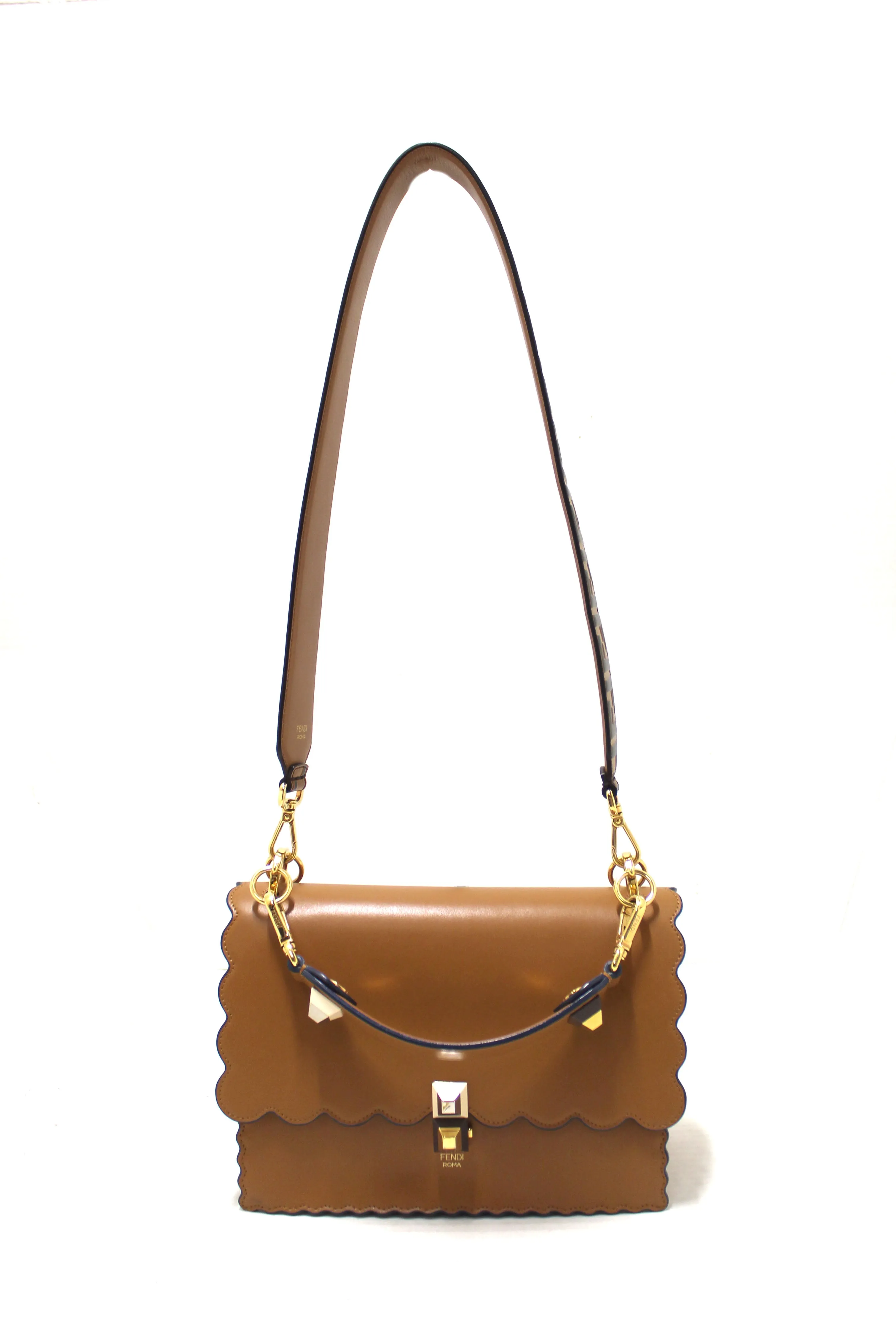 Authentic Fendi Brown Scallop Leather Mini I Kan Chain Shoulder Bag with Extra Fendi Strap