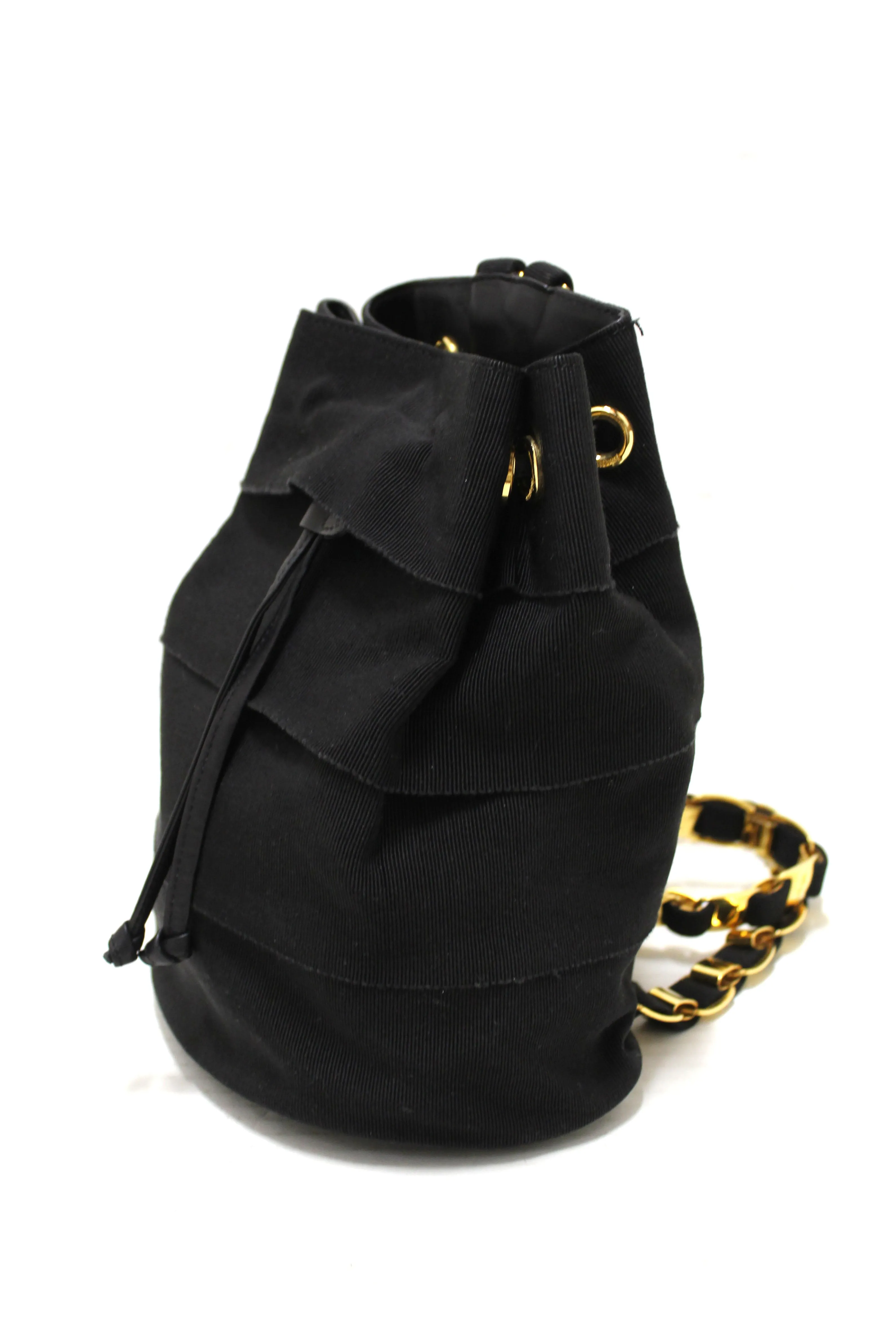 Authentic Salvatore Ferragamo Black Grosgrain Ribbon Tiered Drawstring Backpack