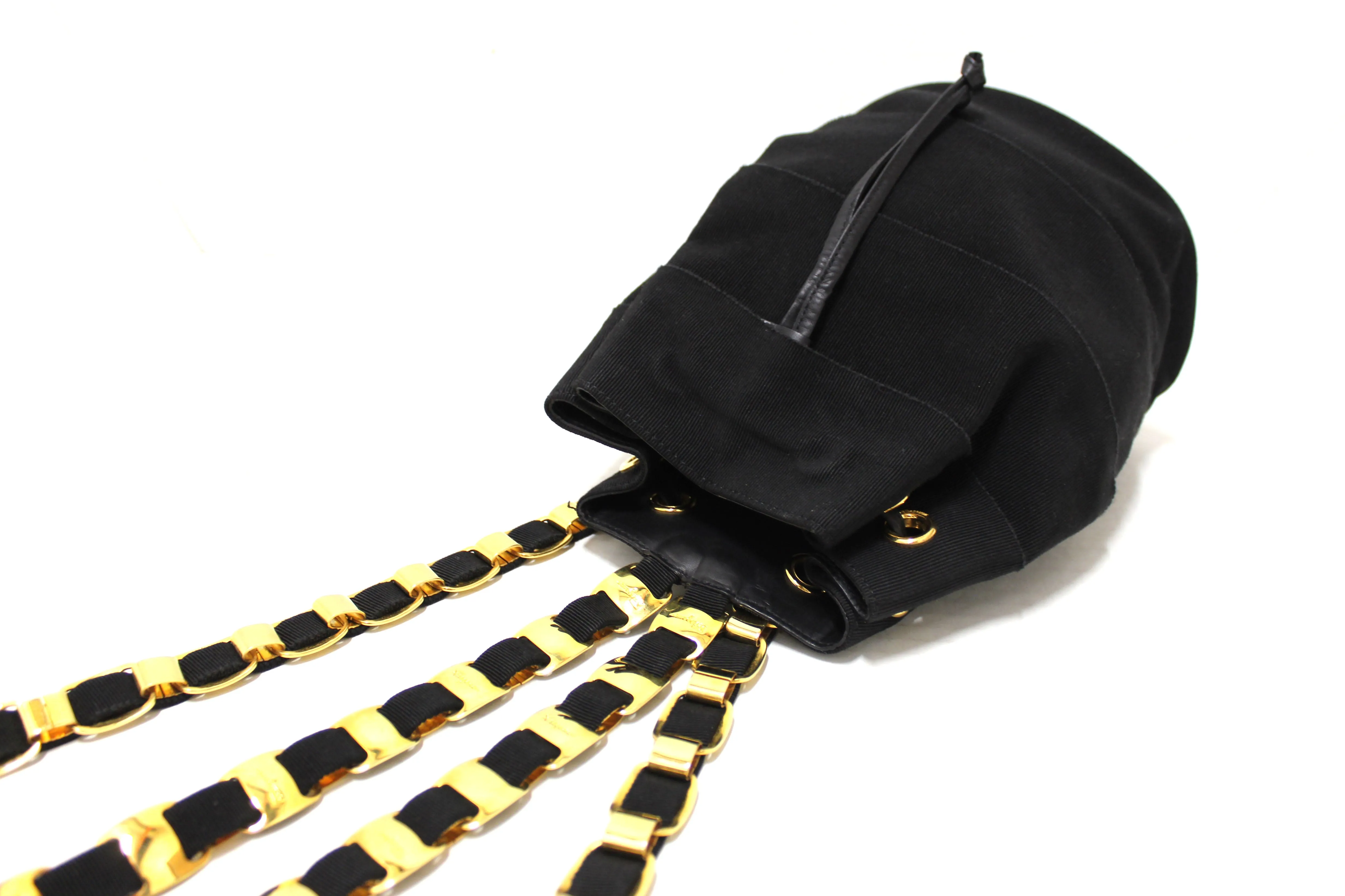 Authentic Salvatore Ferragamo Black Grosgrain Ribbon Tiered Drawstring Backpack