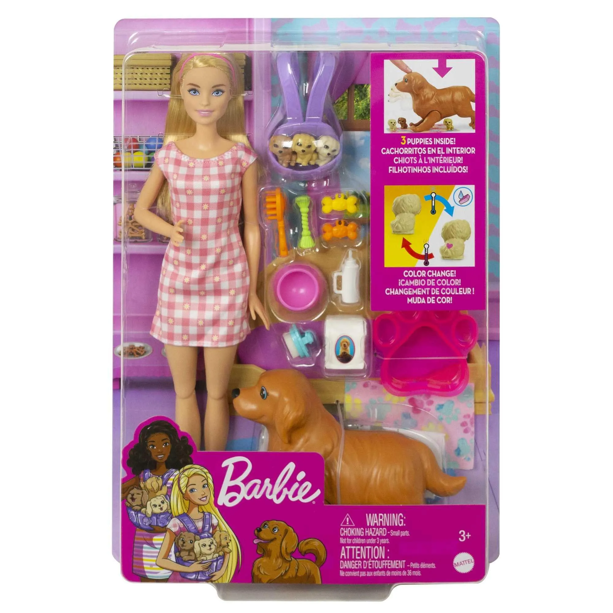 Barbie Doll and Newborn Pups Playset with Dog