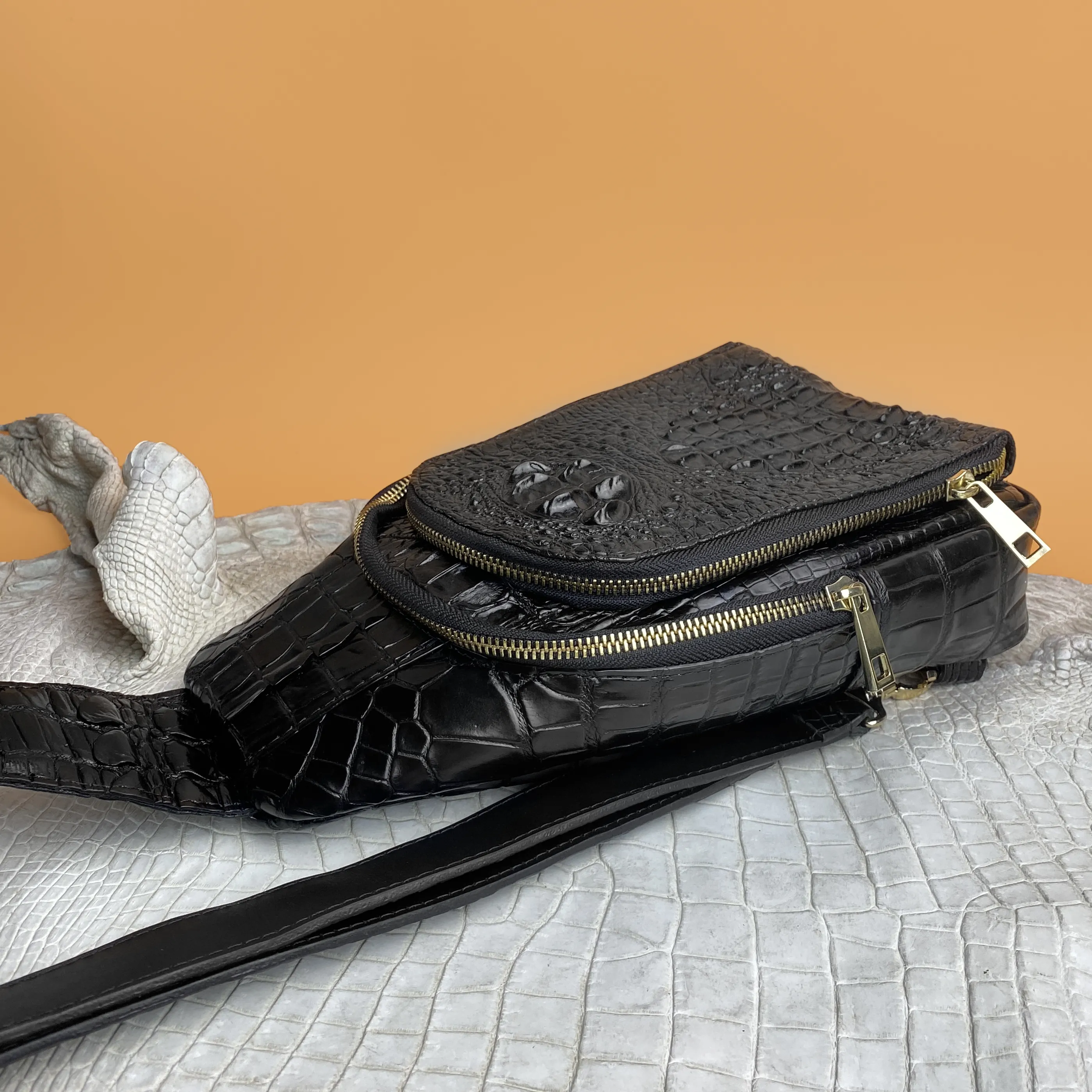 Black Alligator Crossbody Sling Bag | Handmade Men's Crocodile Shoulder Bag | BACKPACK11