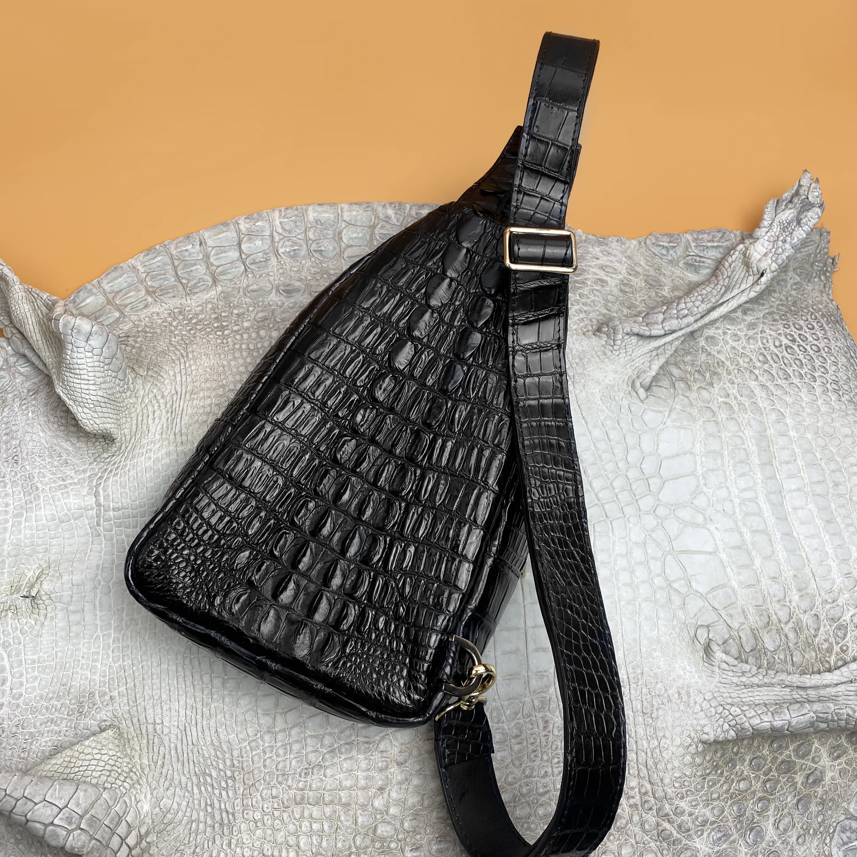 Black Alligator Crossbody Sling Bag | Handmade Men's Crocodile Shoulder Bag | BACKPACK11