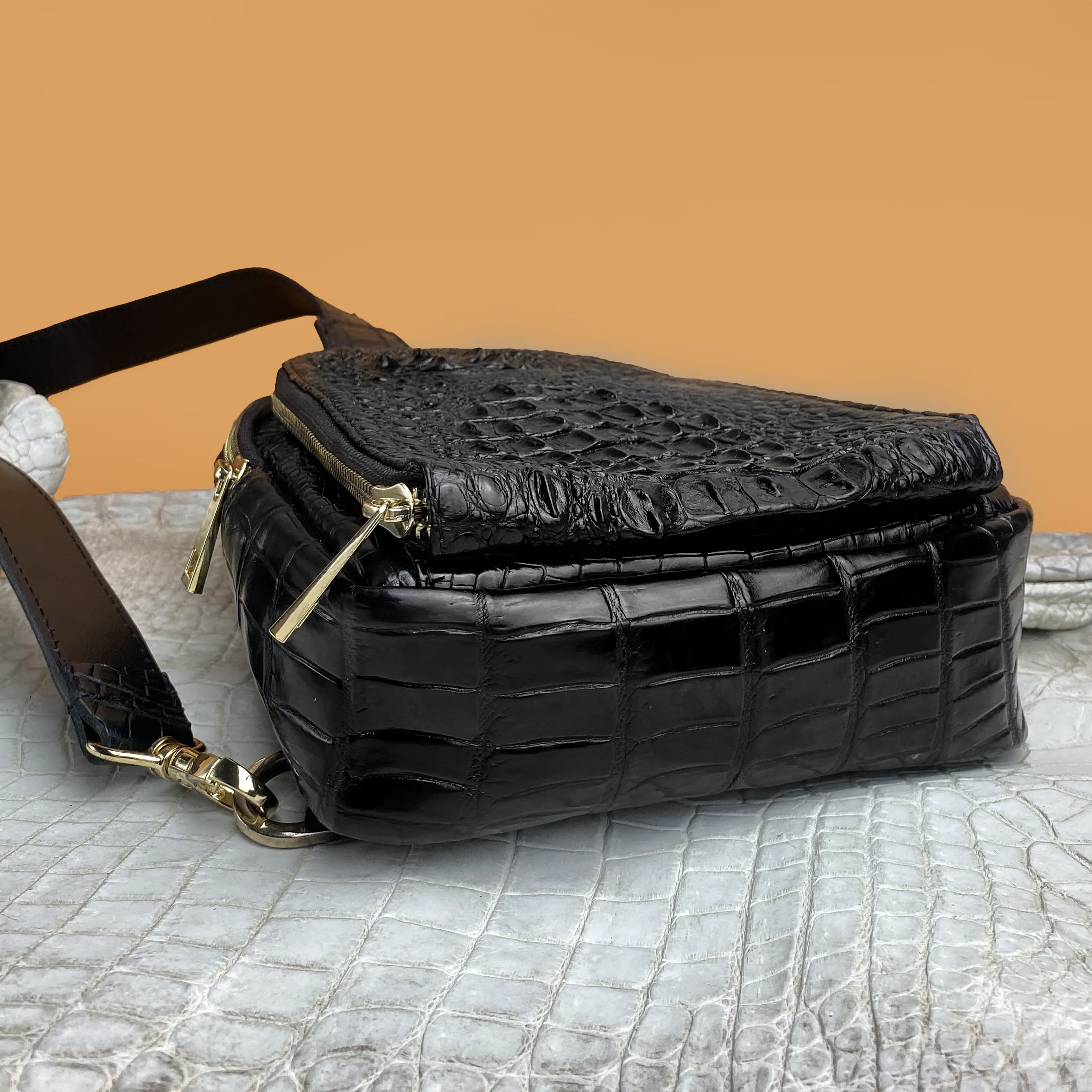 Black Alligator Crossbody Sling Bag | Handmade Men's Crocodile Shoulder Bag | BACKPACK11