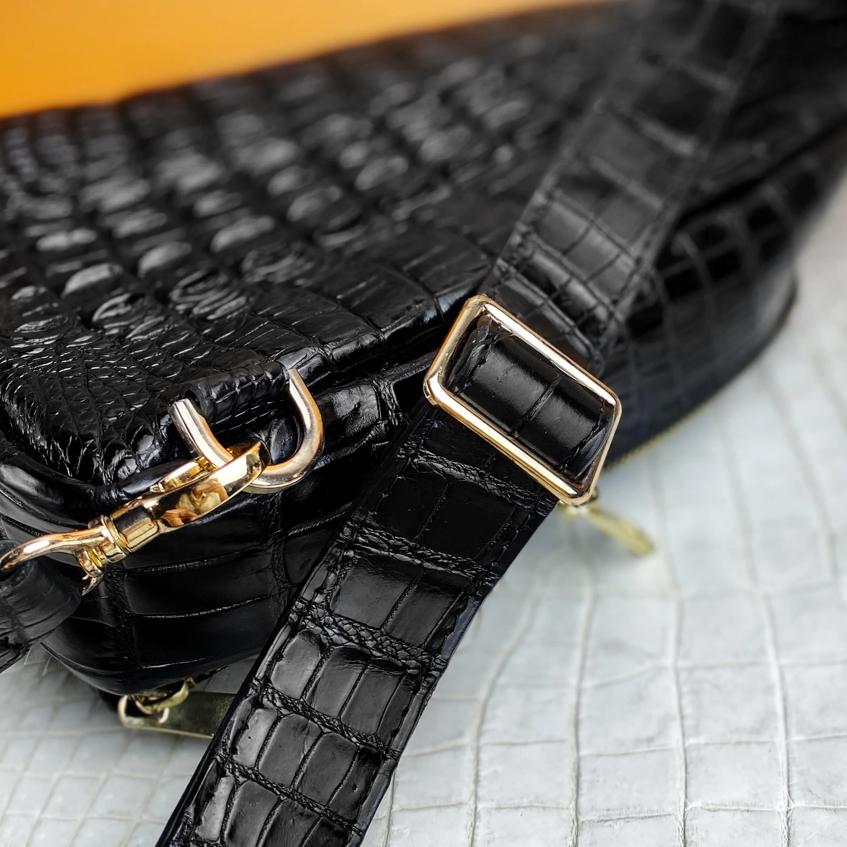 Black Alligator Crossbody Sling Bag | Handmade Men's Crocodile Shoulder Bag | BACKPACK11