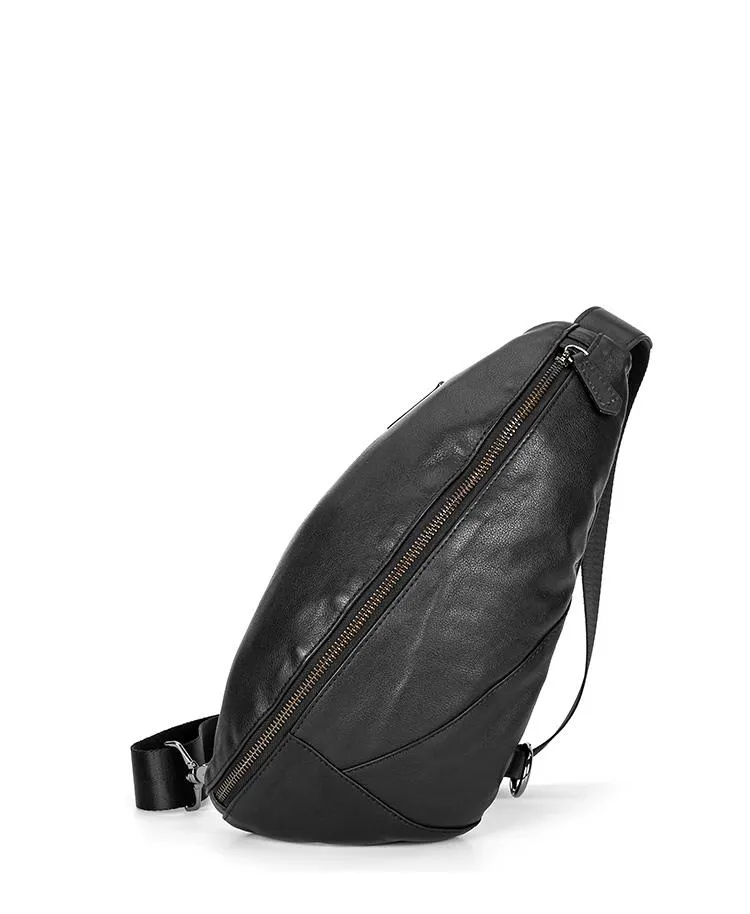 Black Cool Leather Mens Sling Bag Chest Bag Black Sling Pack One Shoulder Backpack for Men