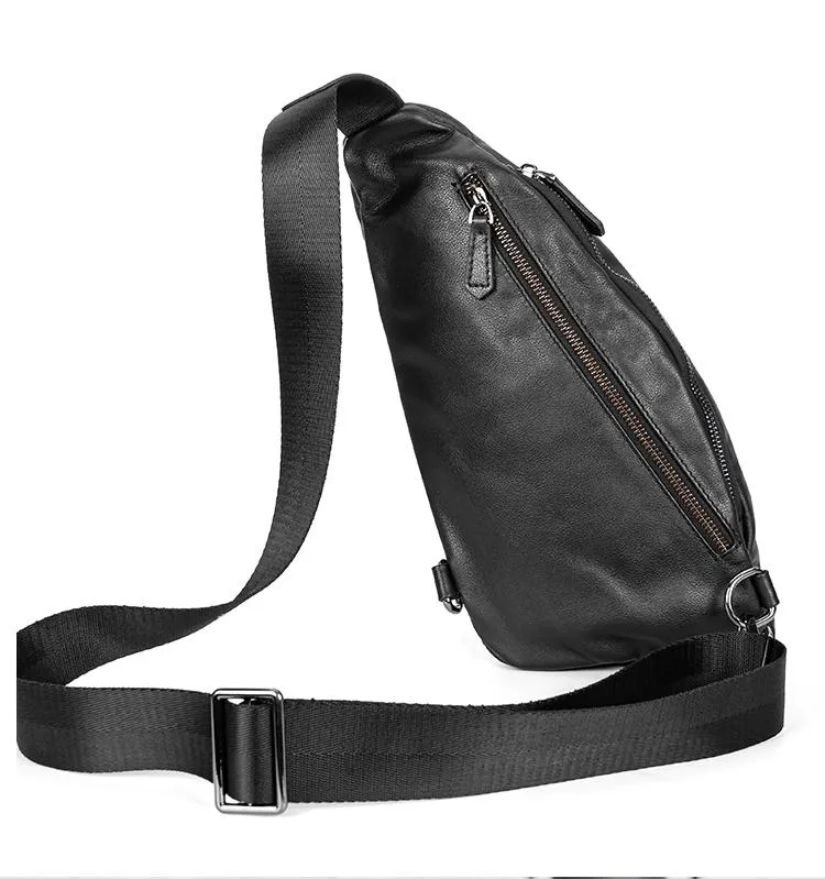 Black Cool Leather Mens Sling Bag Chest Bag Black Sling Pack One Shoulder Backpack for Men