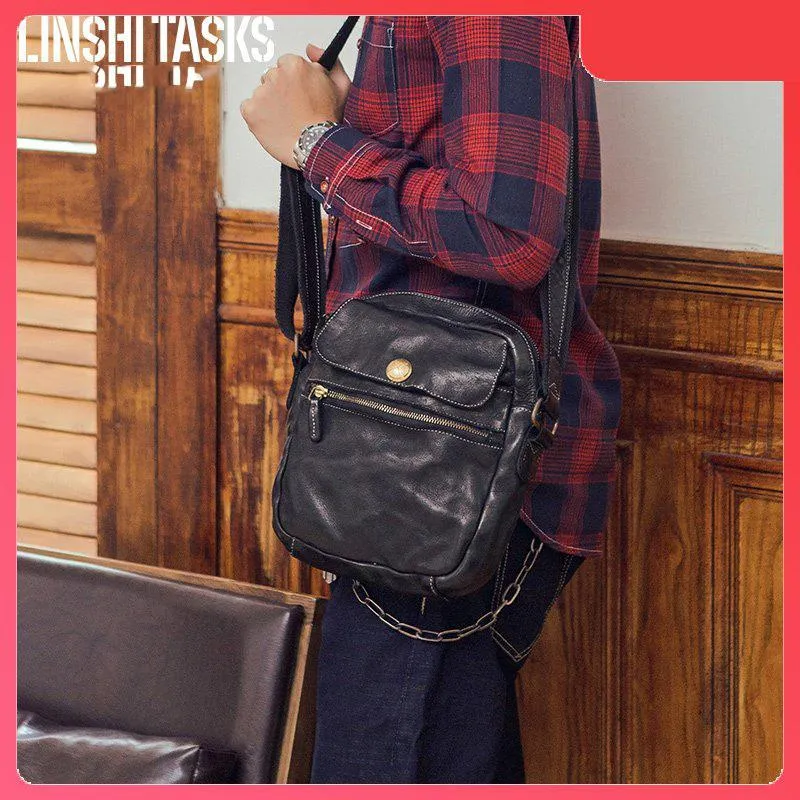 Black Cool Leather Mens Small Vertical Side Bag Messenger Bags Brown Casual Bicycle Bags for Men