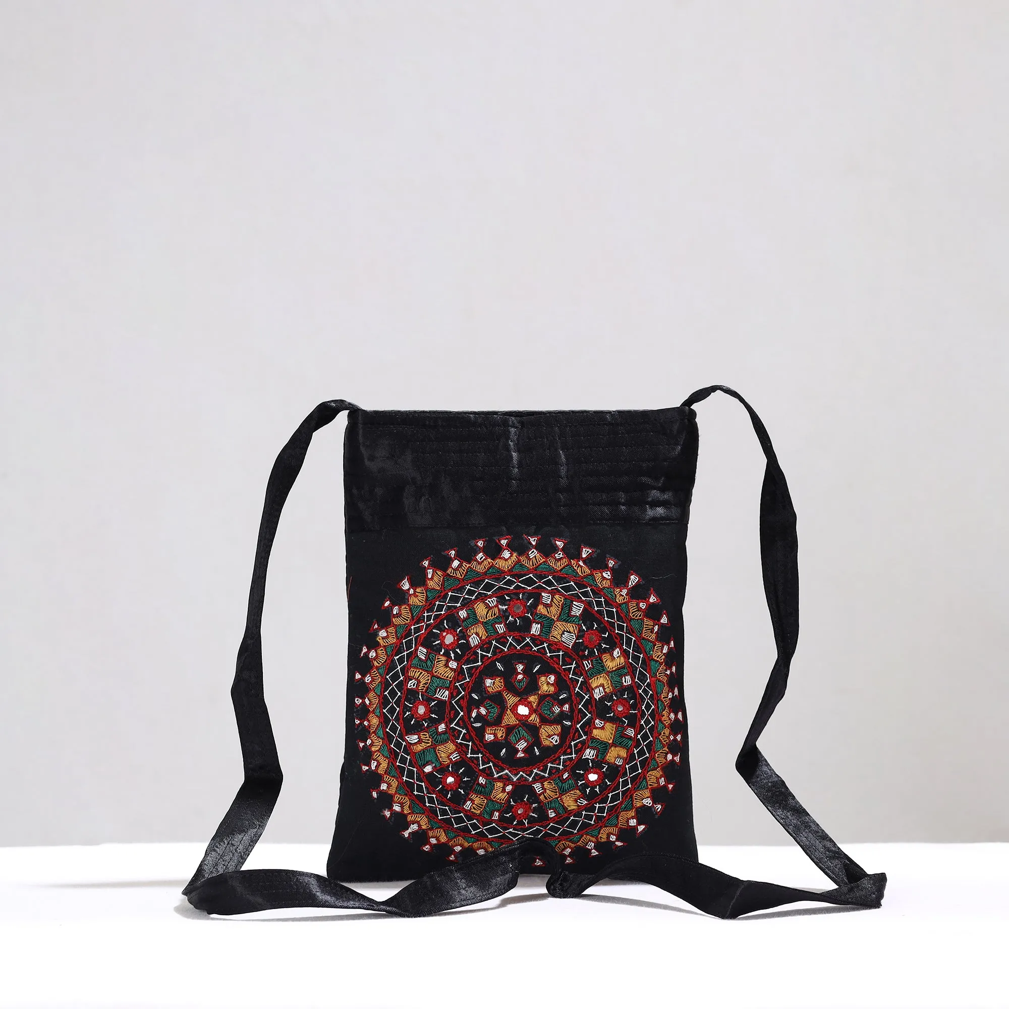 Black - Kutch Neran Hand Embroidery Mirror Work Mashru Silk Sling Bag 11