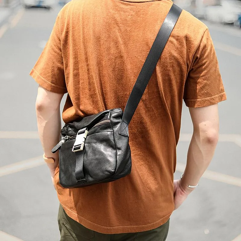 Black Leather Mens Casual Small Courier Bag Messenger Bags Brown Postman Bag For Men