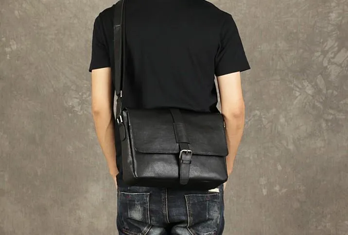 Black Leather Mens Cool Messenger Bag Shoulder Bag Bike Bag Shoulder Bag for men