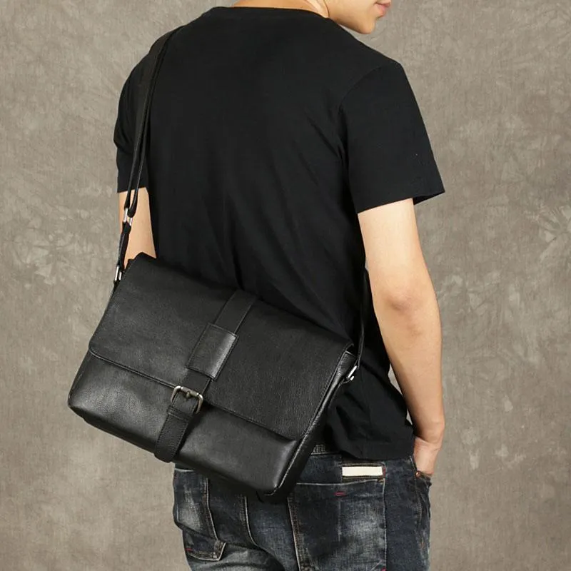 Black Leather Mens Cool Messenger Bag Shoulder Bag Bike Bag Shoulder Bag for men