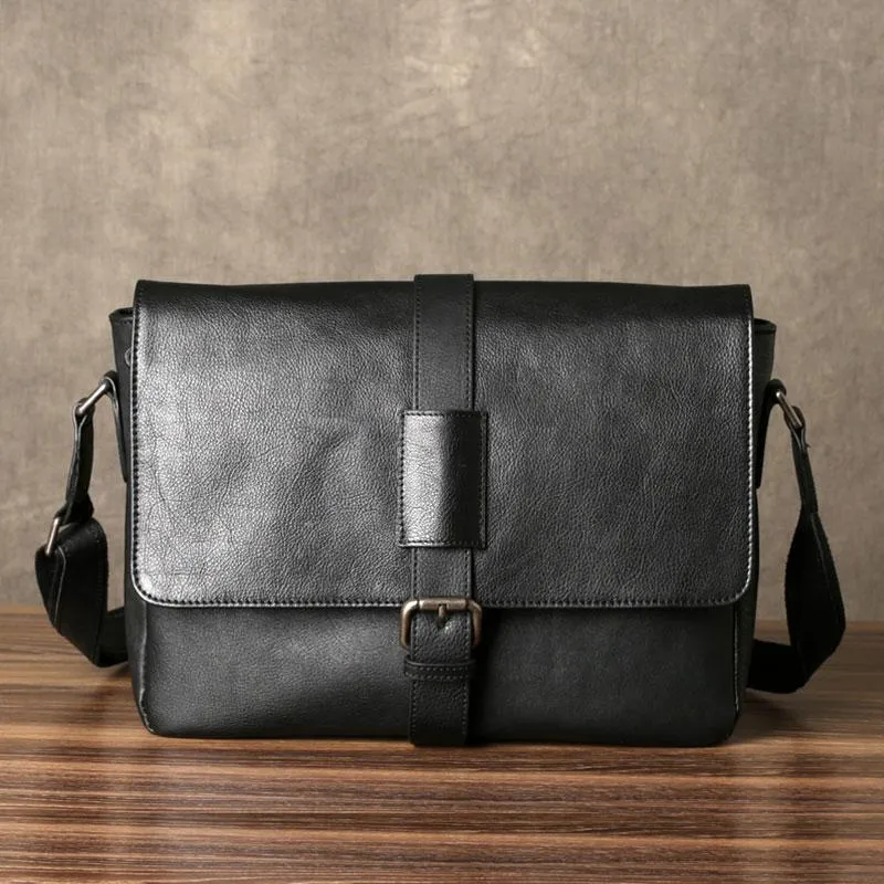 Black Leather Mens Cool Messenger Bag Shoulder Bag Bike Bag Shoulder Bag for men