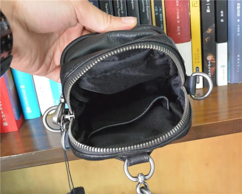 Black LEATHER MEN'S Small Belt Pouch Mini Side bag Vertical Phone Bag MESSENGER BAG Waist Bag FOR MEN