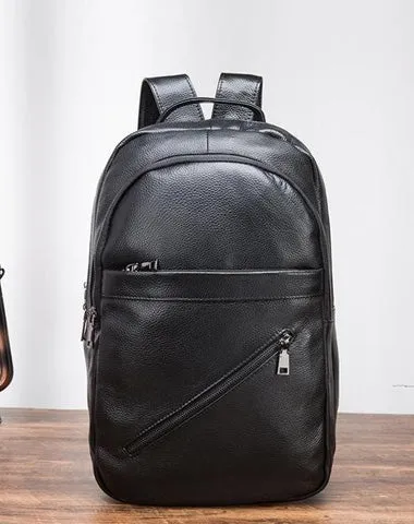 Black Mens Leather College Backpack Laptop Backpack Black Travel Backpack for Men