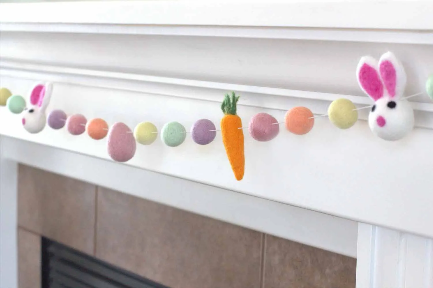 Bunny, Egg & Carrot Easter Felt Ball Garland- Pastel Rainbow