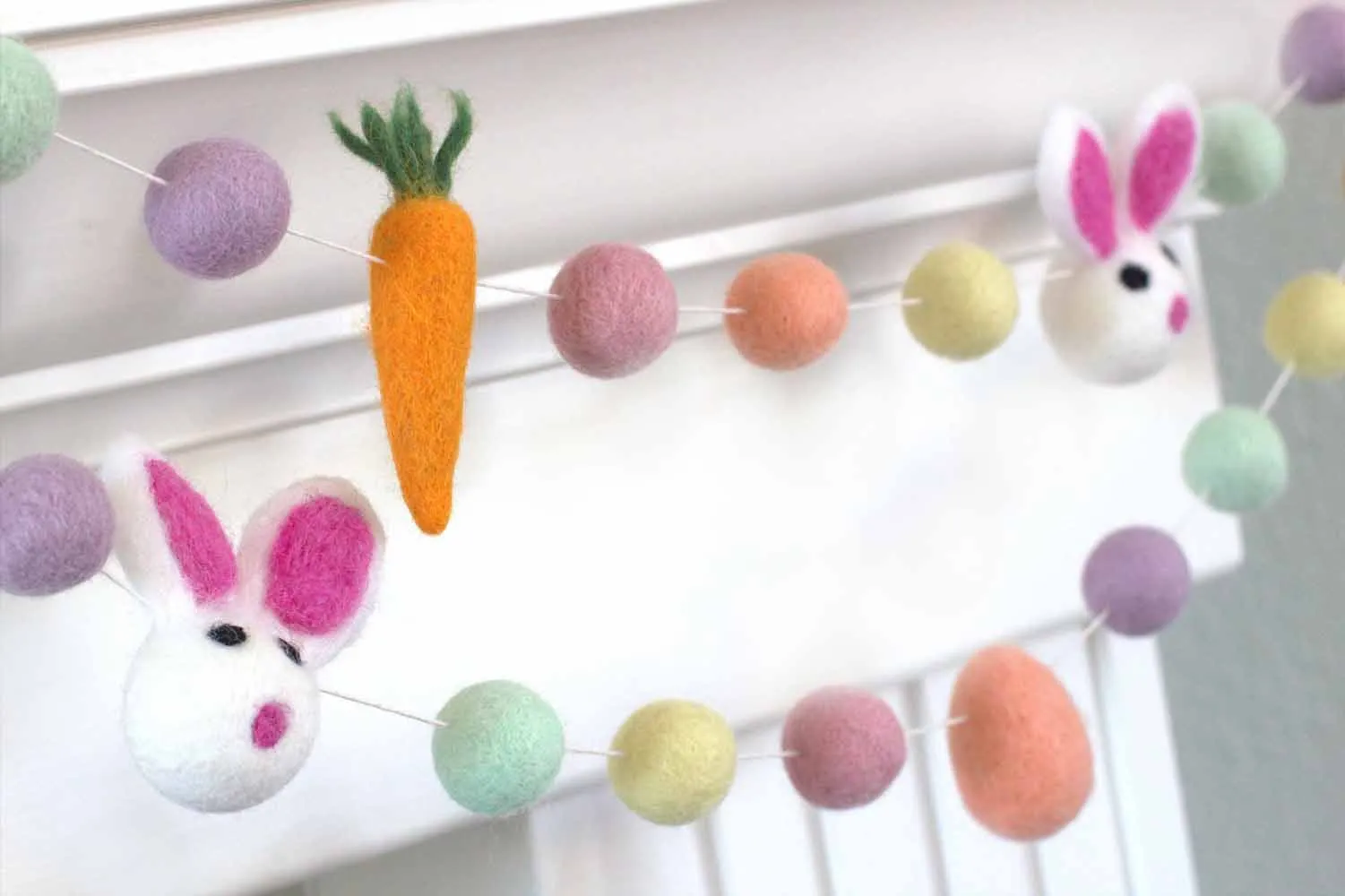 Bunny, Egg & Carrot Easter Felt Ball Garland- Pastel Rainbow