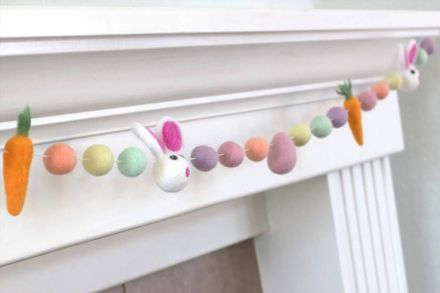 Bunny, Egg & Carrot Easter Felt Ball Garland- Pastel Rainbow