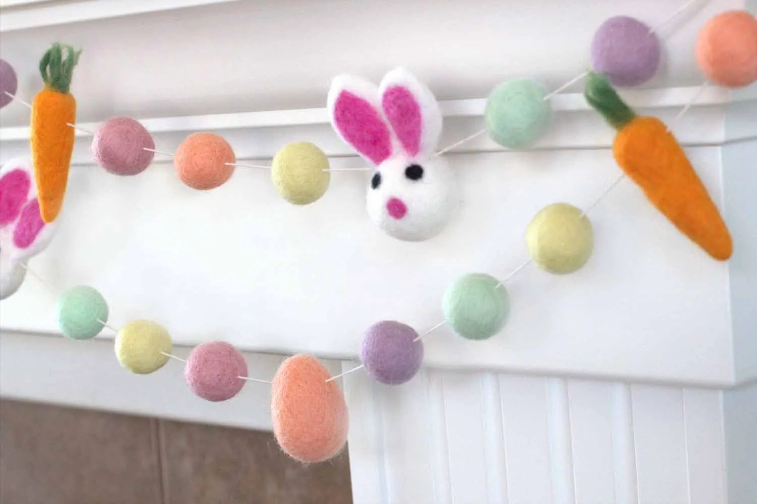 Bunny, Egg & Carrot Easter Felt Ball Garland- Pastel Rainbow