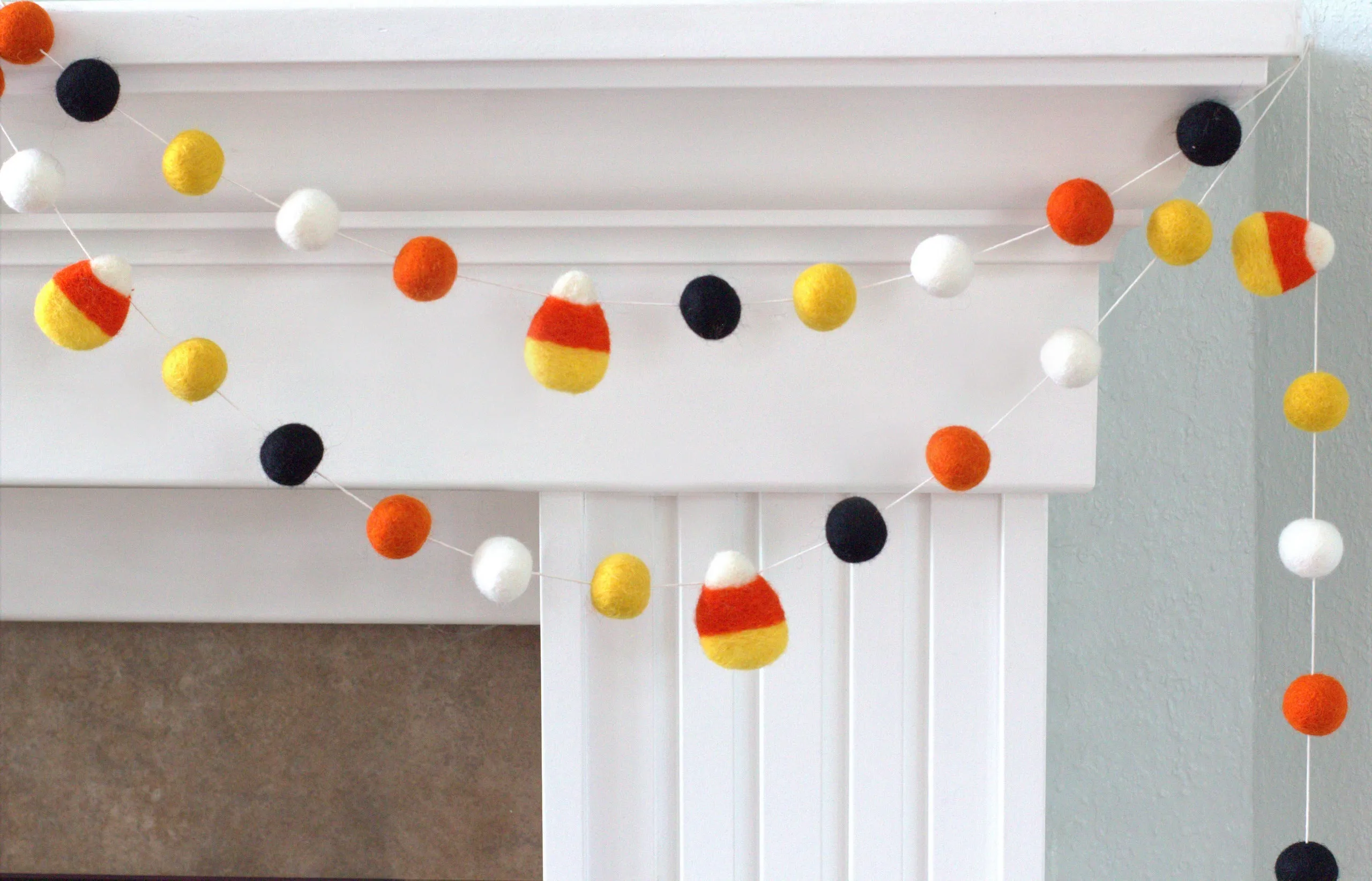 Candy Corn Felt Ball Garland- Orange Black Gold White