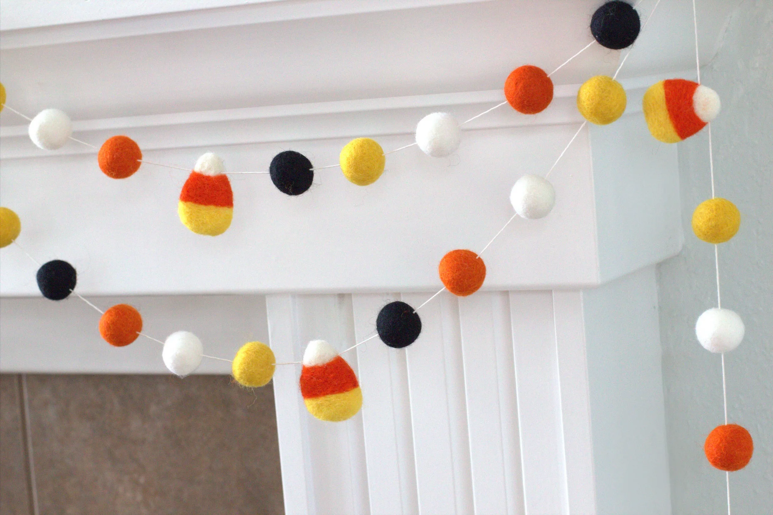 Candy Corn Felt Ball Garland- Orange Black Gold White