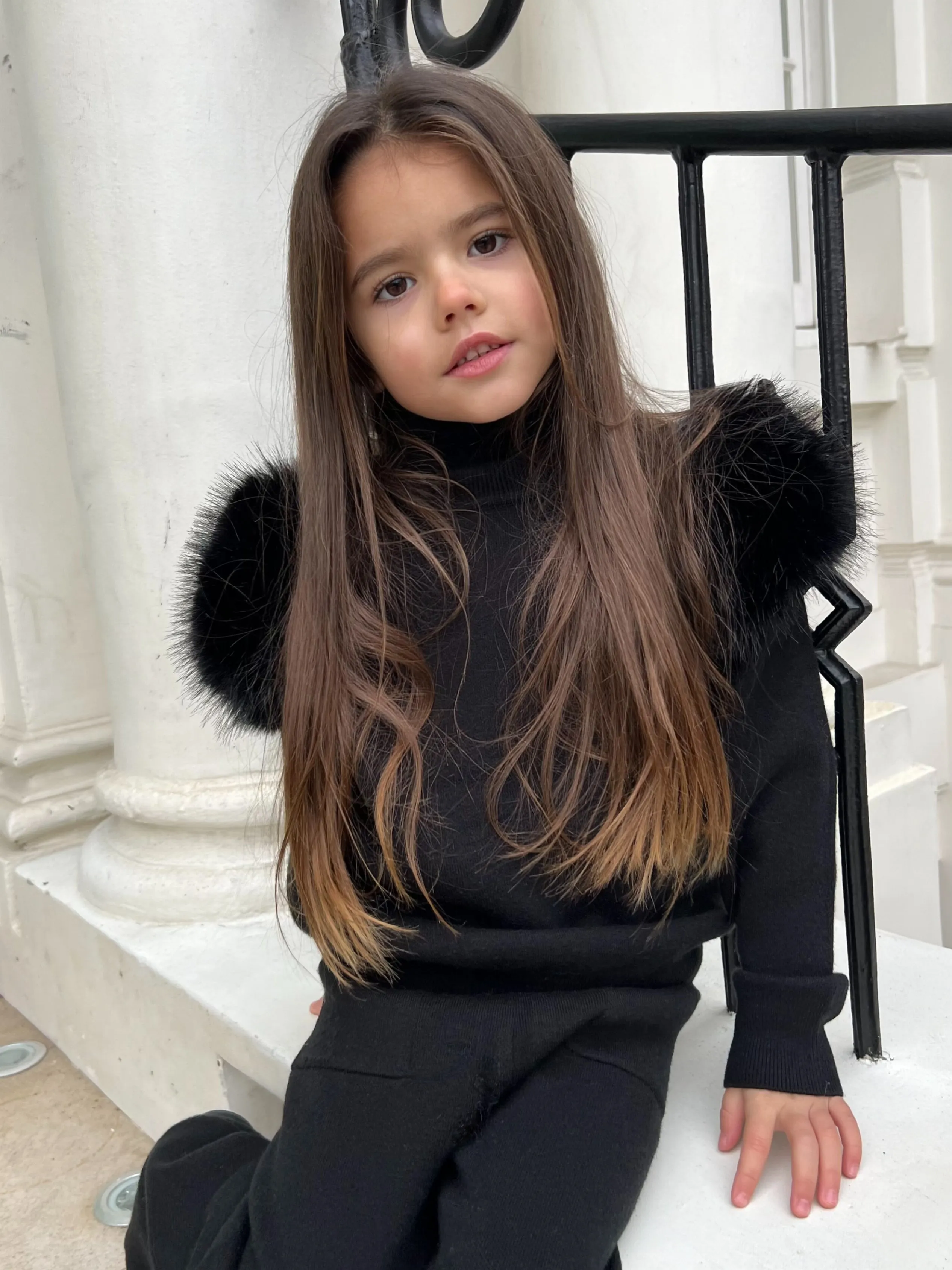 Childrens Black Premium Faux Fur Roll Neck Wide Leg Tracksuit