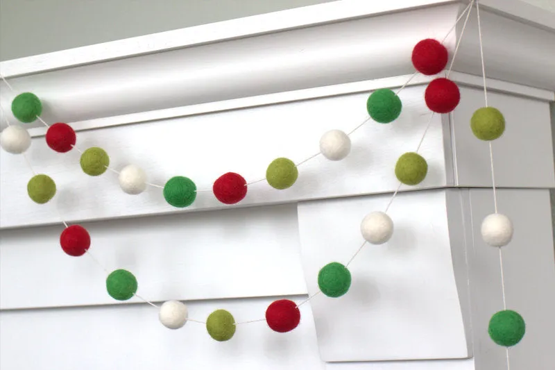 Christmas Felt Ball Garland- Red, Kelly, Lime, White