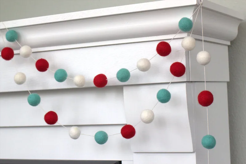 Christmas Felt Ball Garland- Red, Turquoise, White