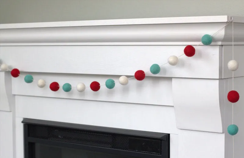 Christmas Felt Ball Garland- Red, Turquoise, White