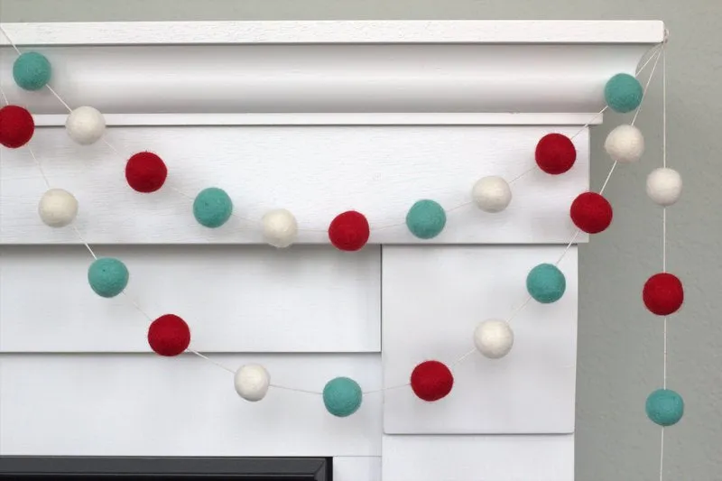 Christmas Felt Ball Garland- Red, Turquoise, White