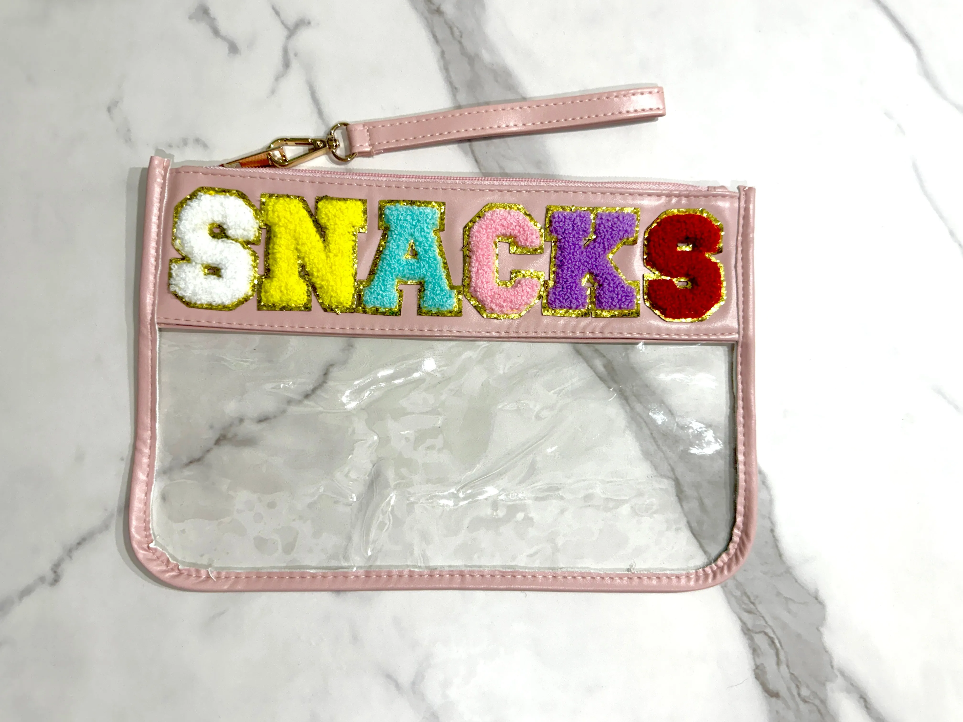 Clear Zipper Pouch Chenille Snack Bag with Multi-Colored Varsity Letter for Travel or Everyday Use