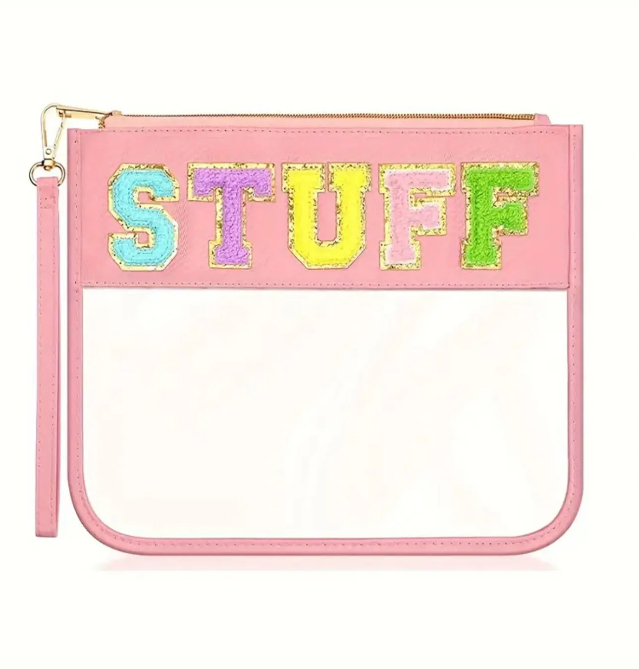 Clear Zipper Pouch Chenille Snack Bag with Multi-Colored Varsity Letter for Travel or Everyday Use