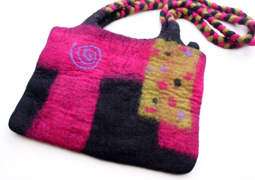 Colorful Pink Green and Black Felt Wool Women Carry Bag