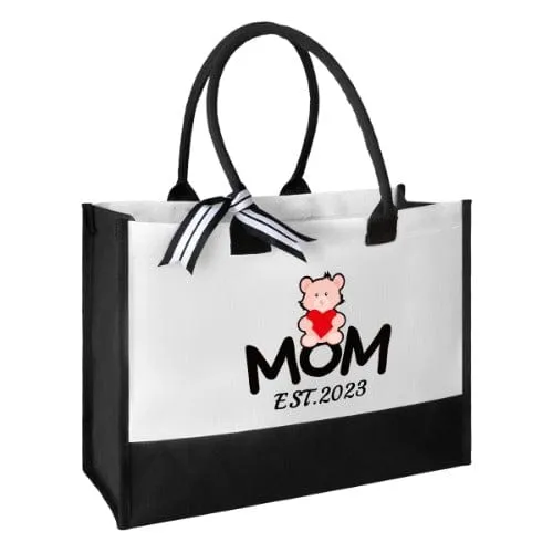 Custom Date Bears Mom Canvas Shoulder Tote Bag Embroidery Personalized Environmental Protection Handbag Mom Tote Bag Mommy Bag Mom Gift