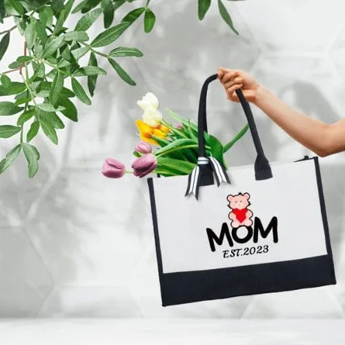 Custom Date Bears Mom Canvas Shoulder Tote Bag Embroidery Personalized Environmental Protection Handbag Mom Tote Bag Mommy Bag Mom Gift