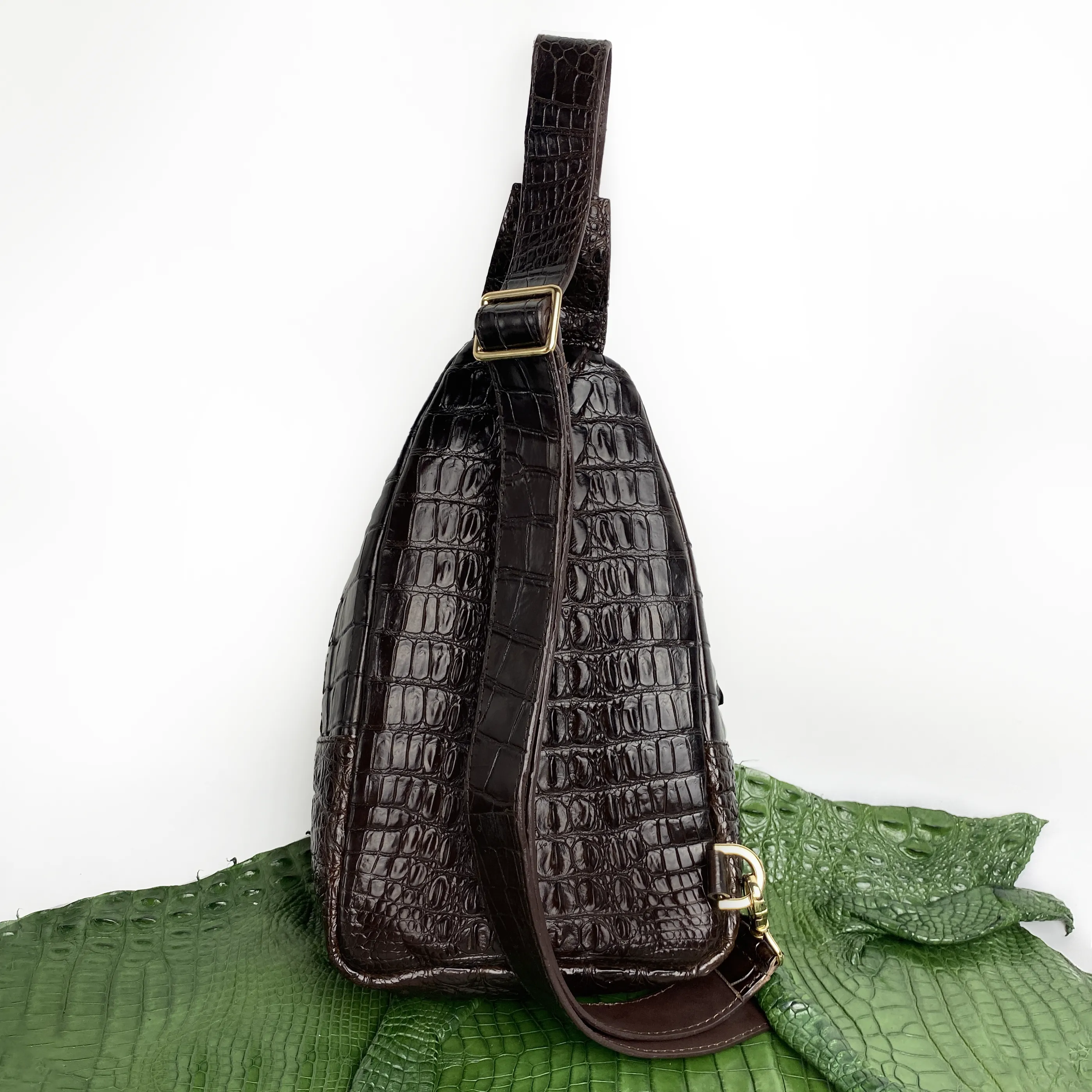 Dark Brown Alligator Crossbody Sling Bag | Handmade Men's Crocodile Shoulder Bag | BACKPACK33