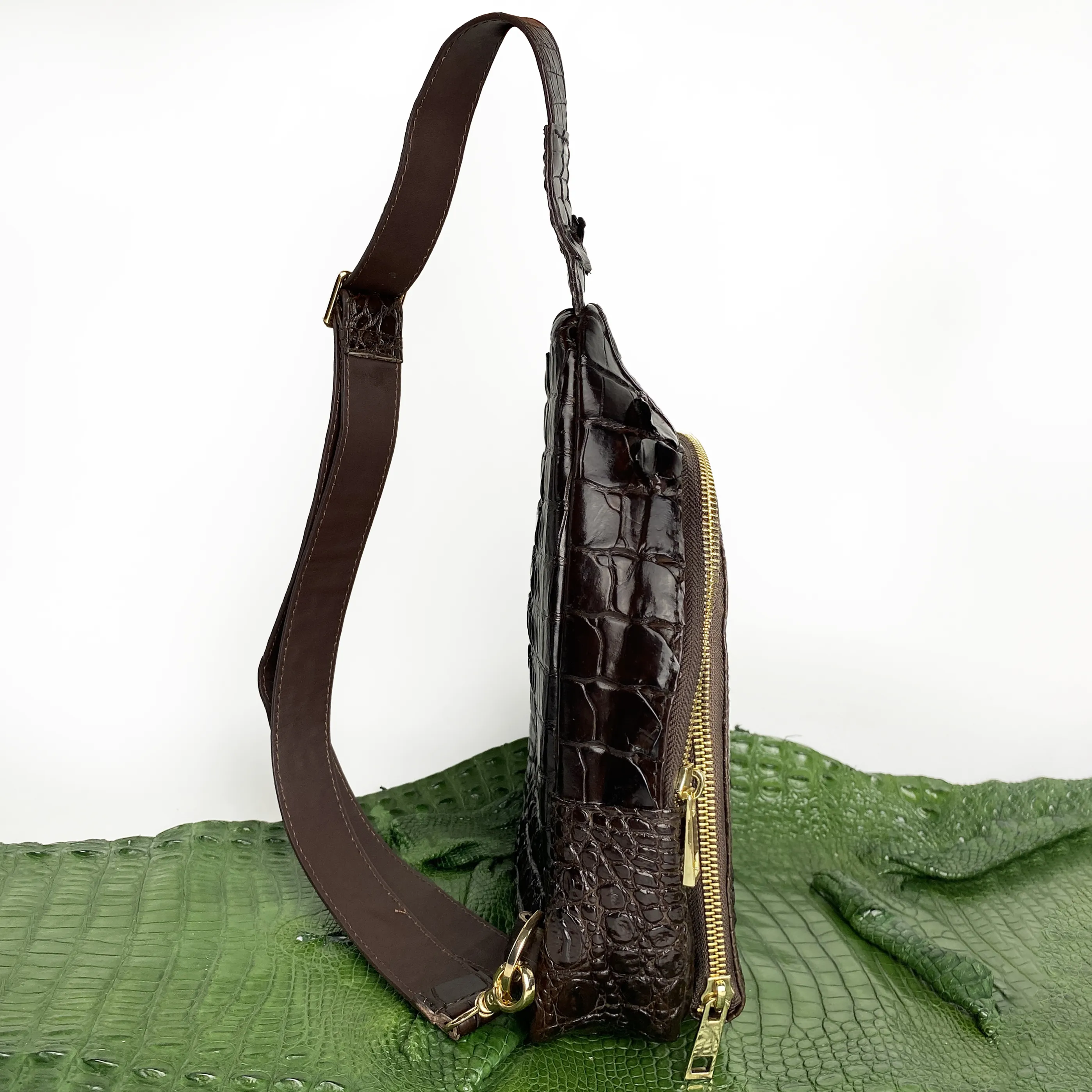 Dark Brown Alligator Crossbody Sling Bag | Handmade Men's Crocodile Shoulder Bag | BACKPACK33