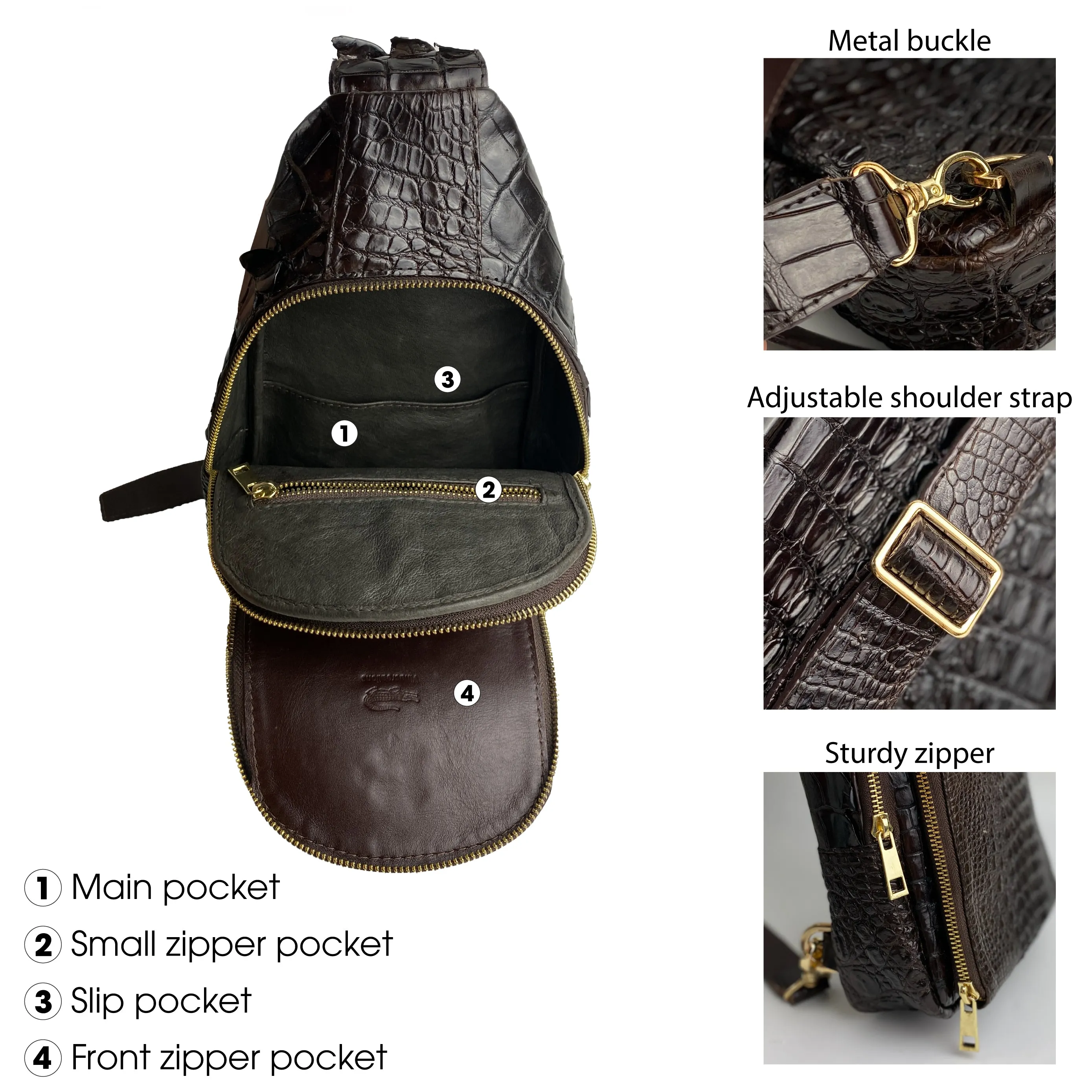 Dark Brown Alligator Crossbody Sling Bag | Handmade Men's Crocodile Shoulder Bag | BACKPACK33