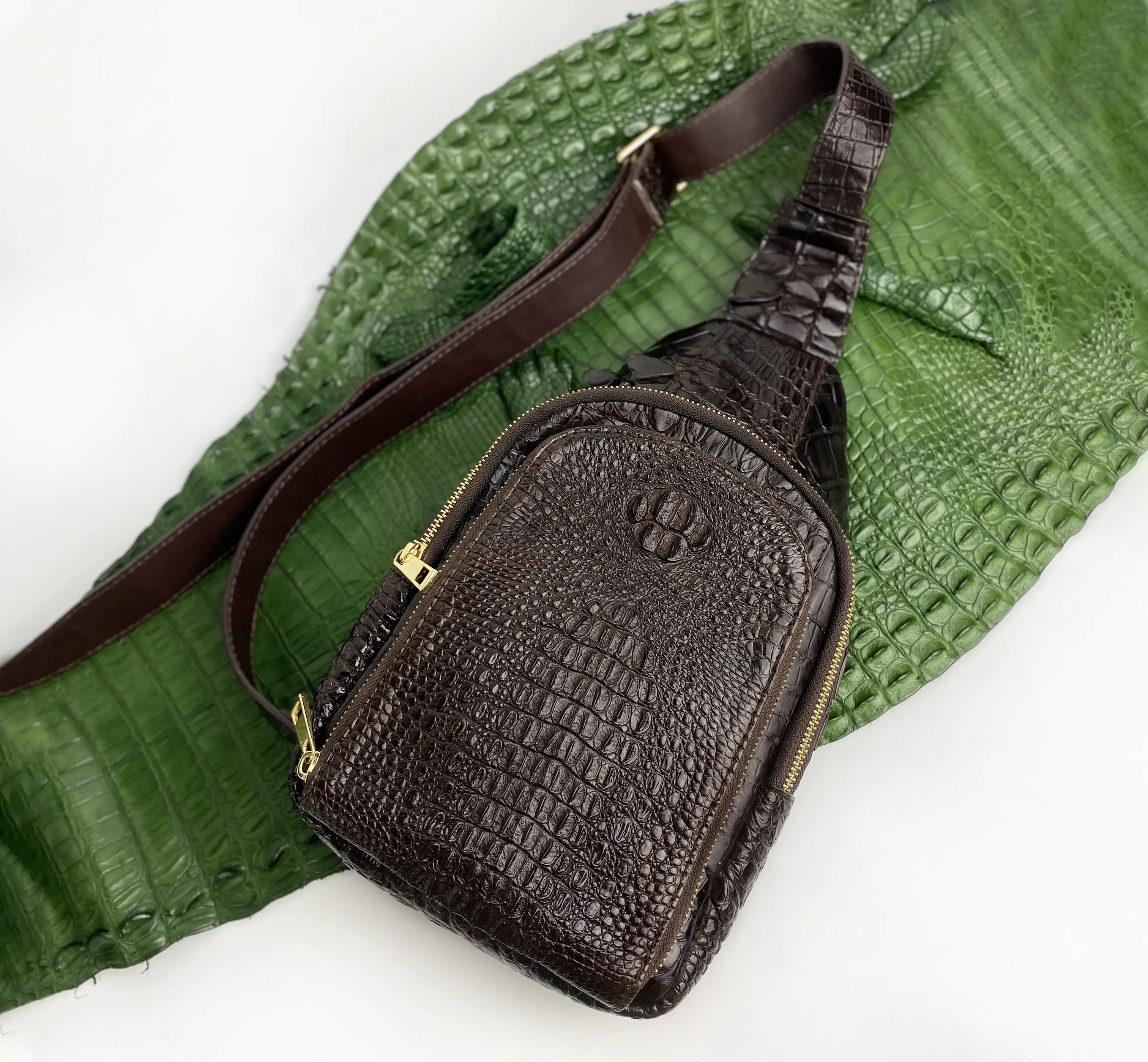 Dark Brown Alligator Crossbody Sling Bag | Handmade Men's Crocodile Shoulder Bag | BACKPACK33