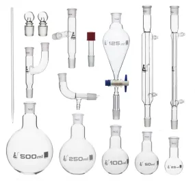 Distillation Kit - Organic Chemistry Set with Size 19/22 Interchangeable Joints - 15 Pieces with Hard Storage Briefcase - Borosilicate Glass - Eisco labs