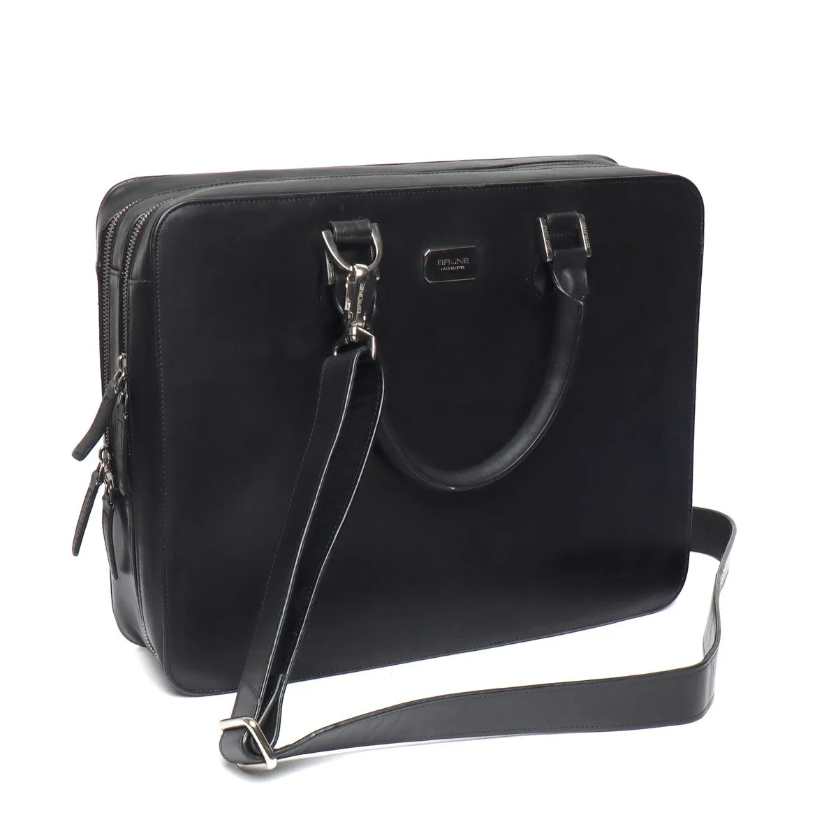 Dual Compartment Laptop Briefcase in Black Leather