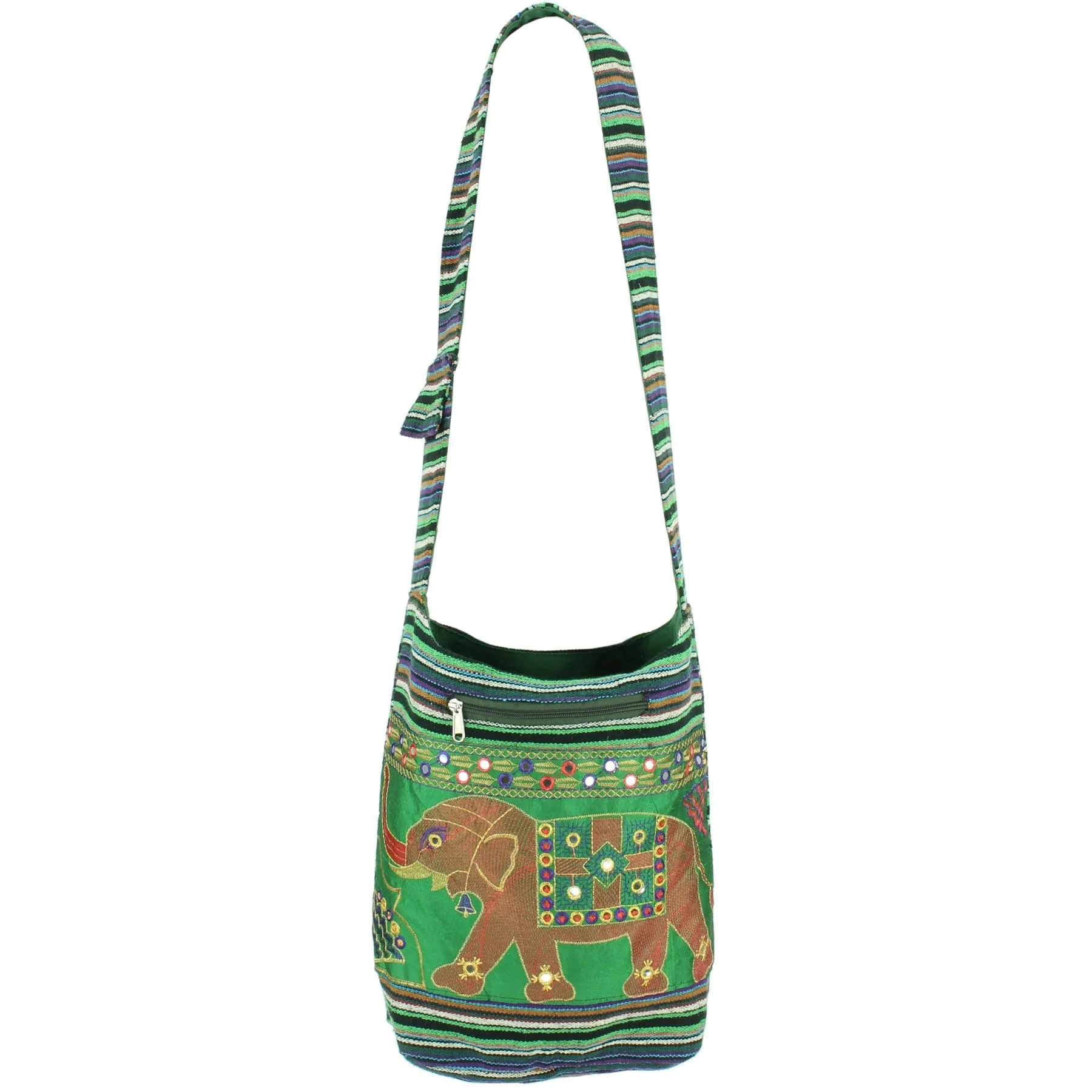 Embroidered Elephant Canvas Sling Shoulder Bag - Green Purple