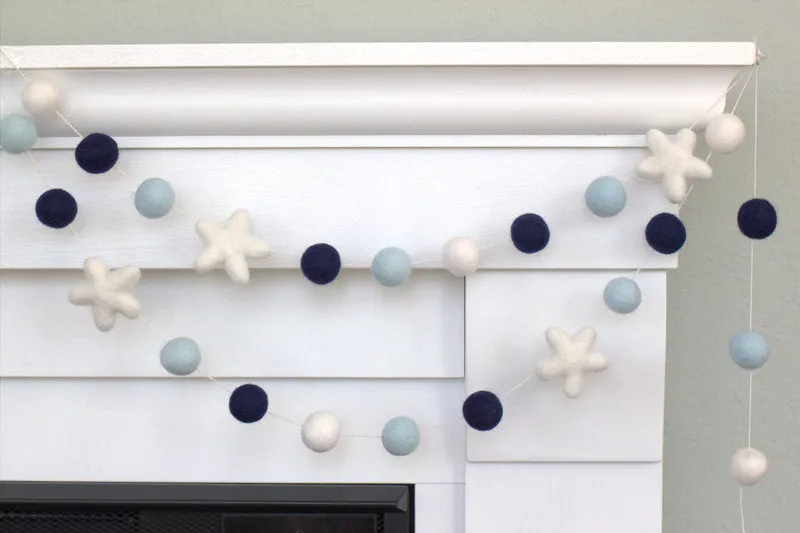 Felt Ball & Star Garland- Navy, Ice Blue, White