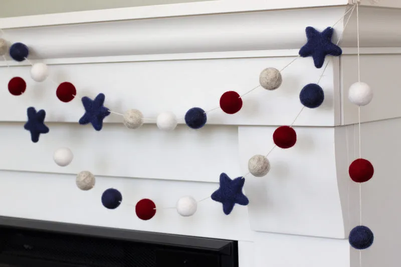 Fourth of July Felt Ball & Star Garland- Navy, Red, Gray, White