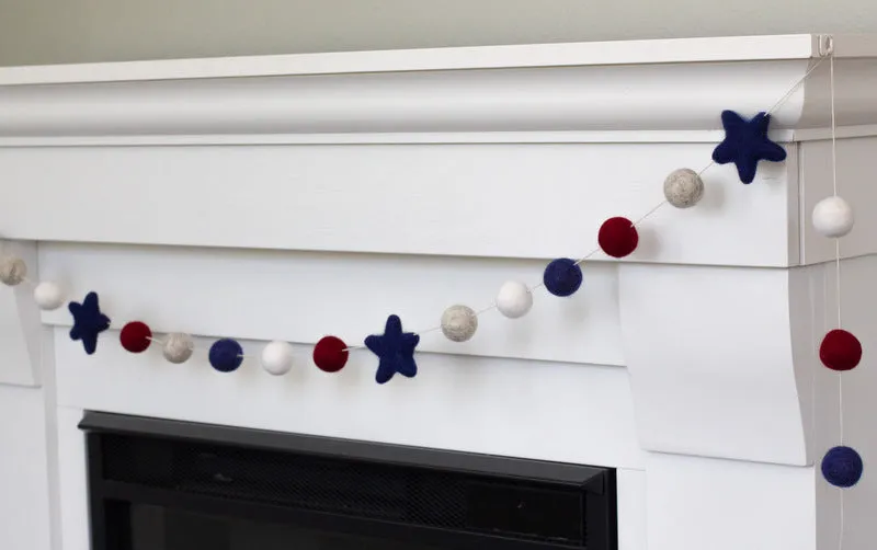 Fourth of July Felt Ball & Star Garland- Navy, Red, Gray, White