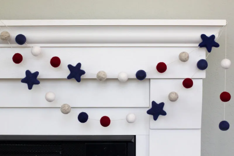 Fourth of July Felt Ball & Star Garland- Navy, Red, Gray, White