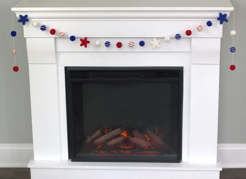 Fourth of July Felt Ball & Star Garland- Red, White, Blue- Swirls