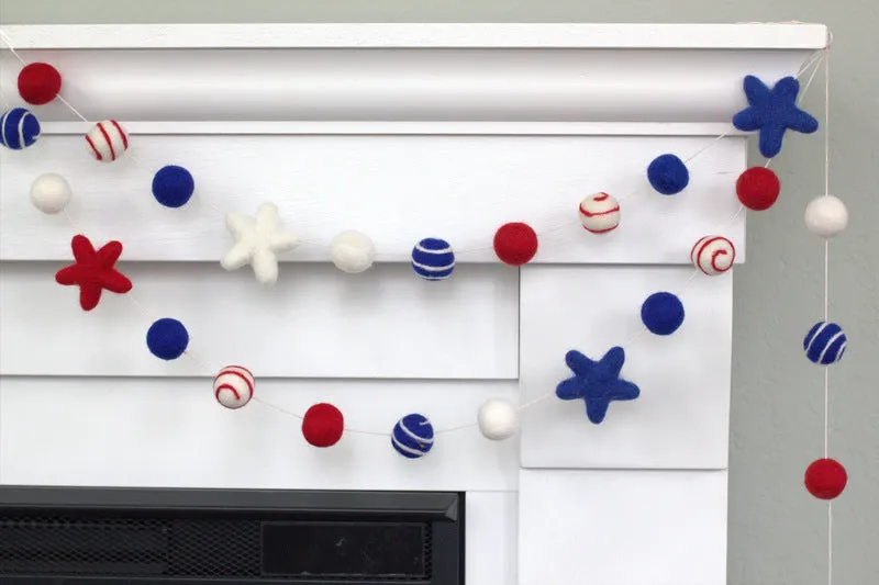 Fourth of July Felt Ball & Star Garland- Red, White, Blue- Swirls